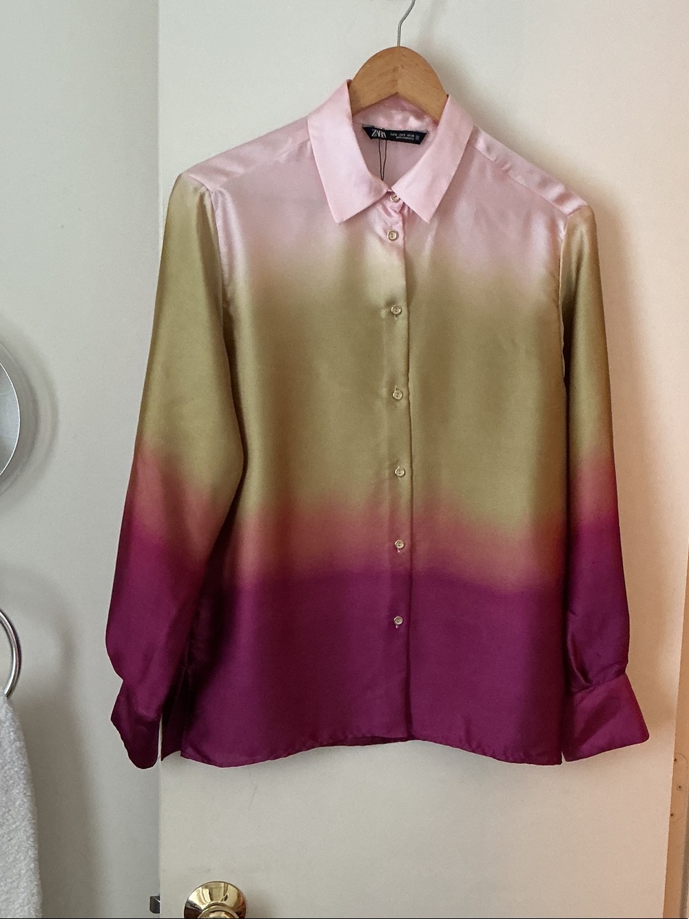 Zara Satin Ombre Button-Down Shirt in Pink, Green & Plum